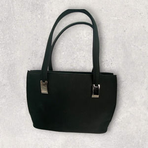 Jones of New York black flat satin medium dress purse organizer w/stainless trim